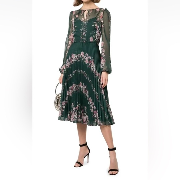 Marchesa Notte Emerald Floral Chiffon Dress Blouson Sleeve Pleated Skirt NWT - Picture 1 of 15